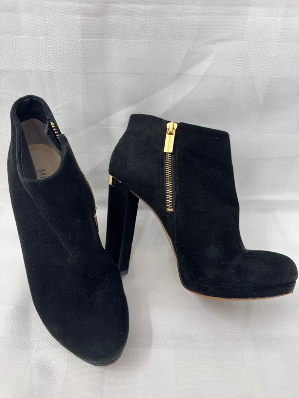 MICHAEL Michael Kors “Haven” Black Suede Block Booties with Gold Zipper